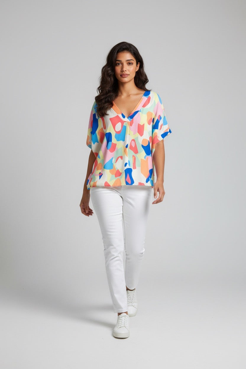 Plus Size- Spring Abstract V-neck Top