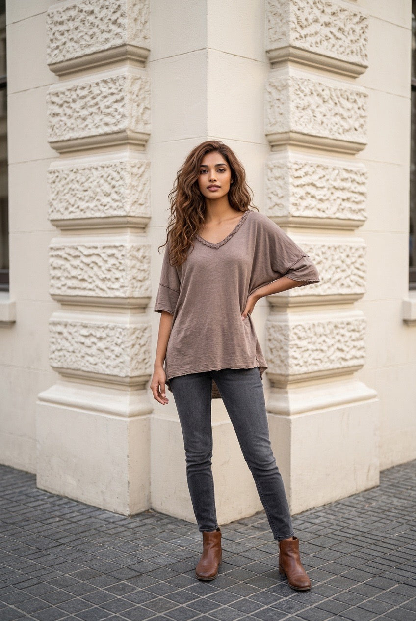 Plus Size Fringe V-neck Cotton Top