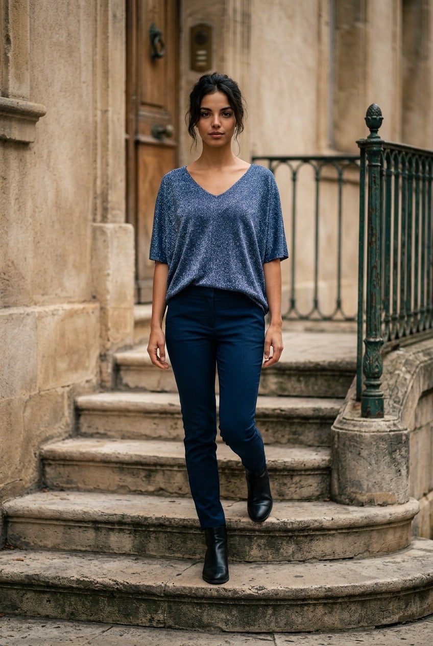 Italy Still Blue & Silver Sparkle Top