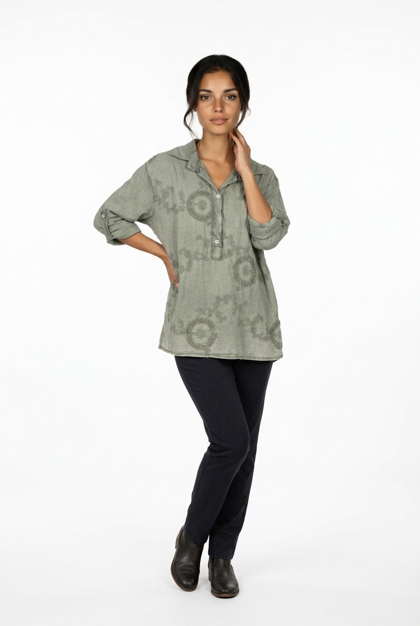 Plus Size Italy Embroidered Sage top