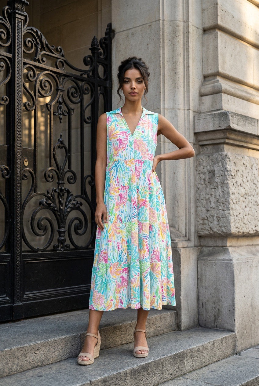 Long Ocean Sleeveless V-neck Dress with Pockets UPF50+