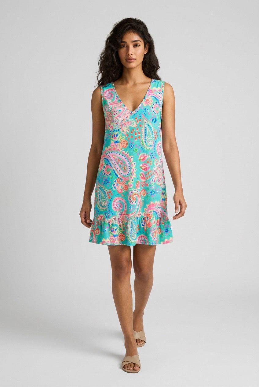 Green Paisley V-neck Sleeveless Dress UPF50+