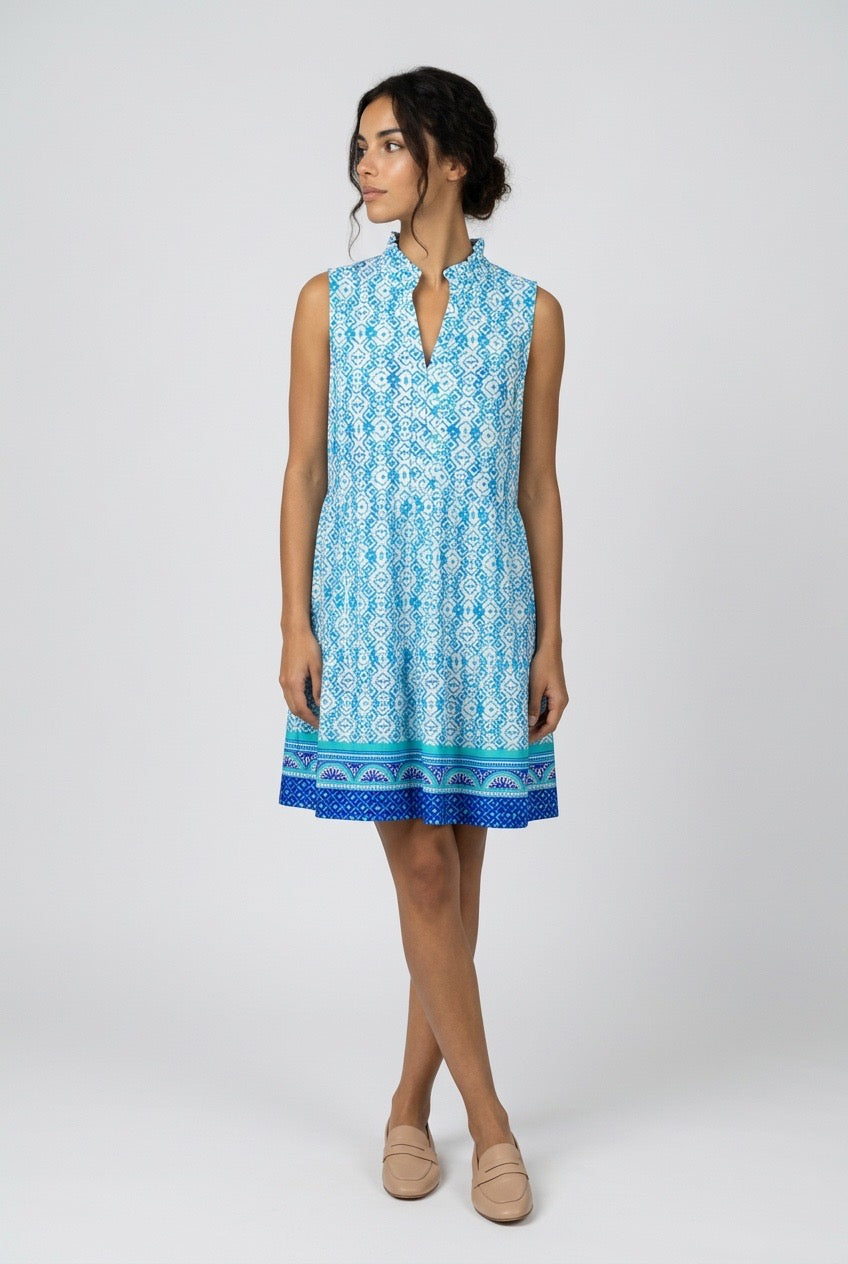 Blue & White Sleeveless V-neck Dress UPF50+