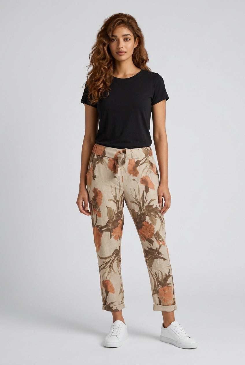 Brown Floral Stretch Pants
