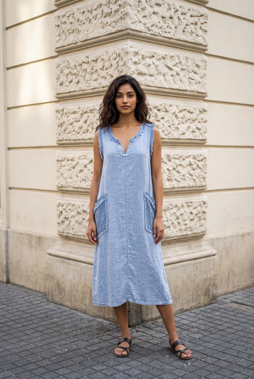 Linen Blue Sleeveless Dress