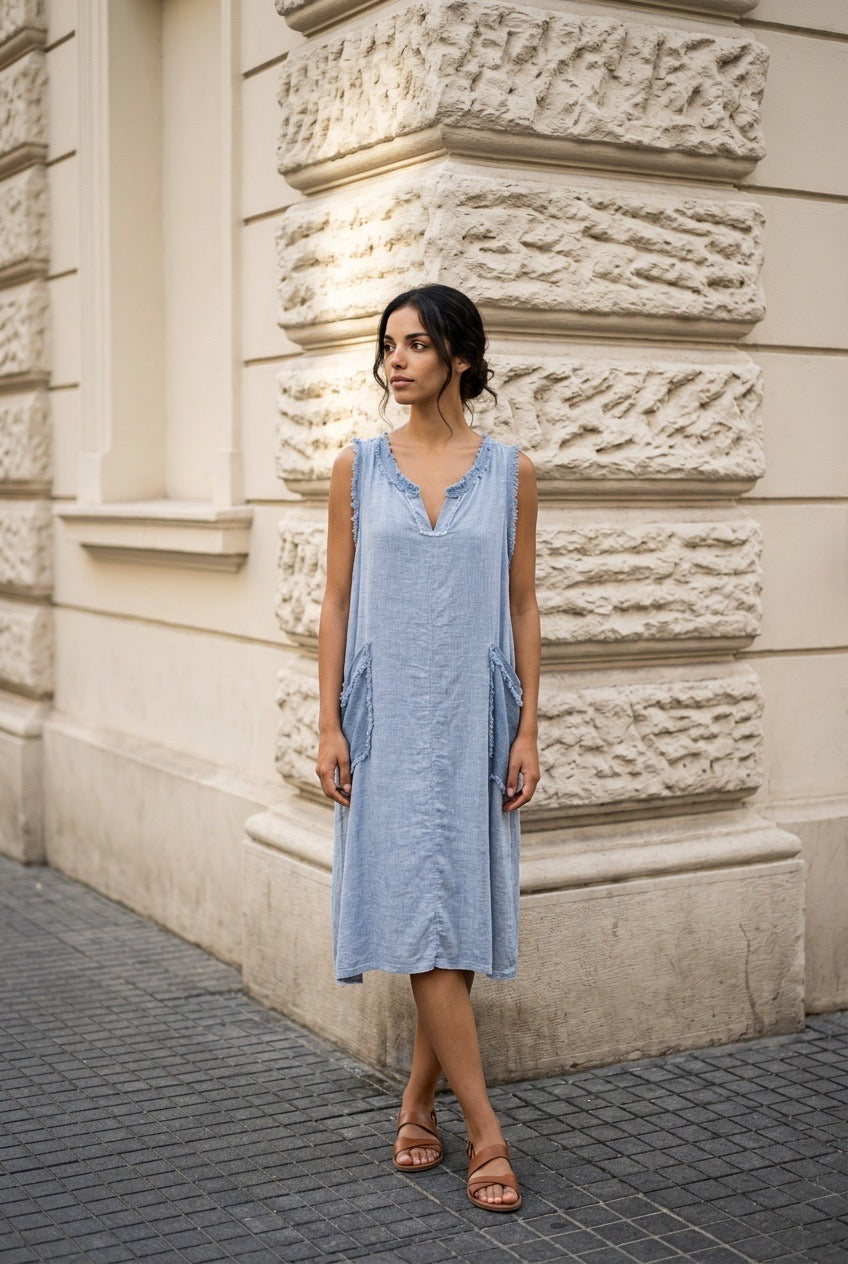 Linen Blue Sleeveless Dress