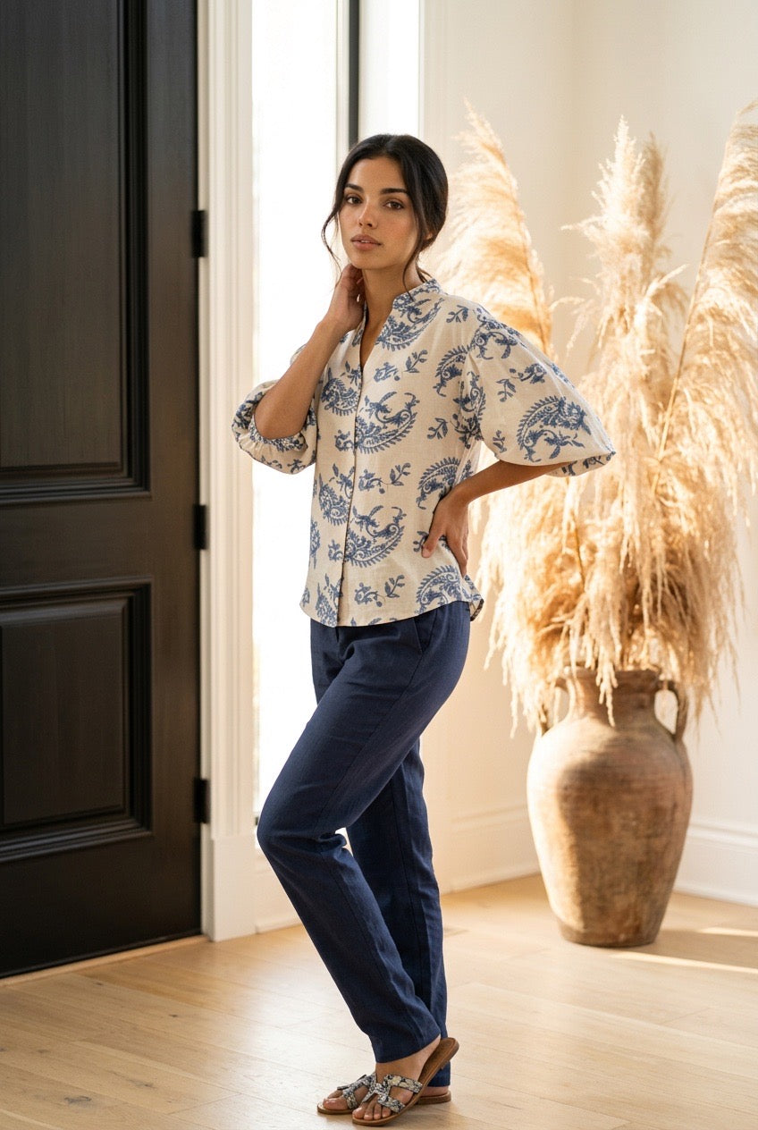 Plus Size Blue Paisley Button-Down Blouse