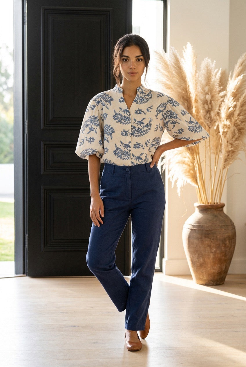 Plus Size Blue Paisley Button-Down Blouse