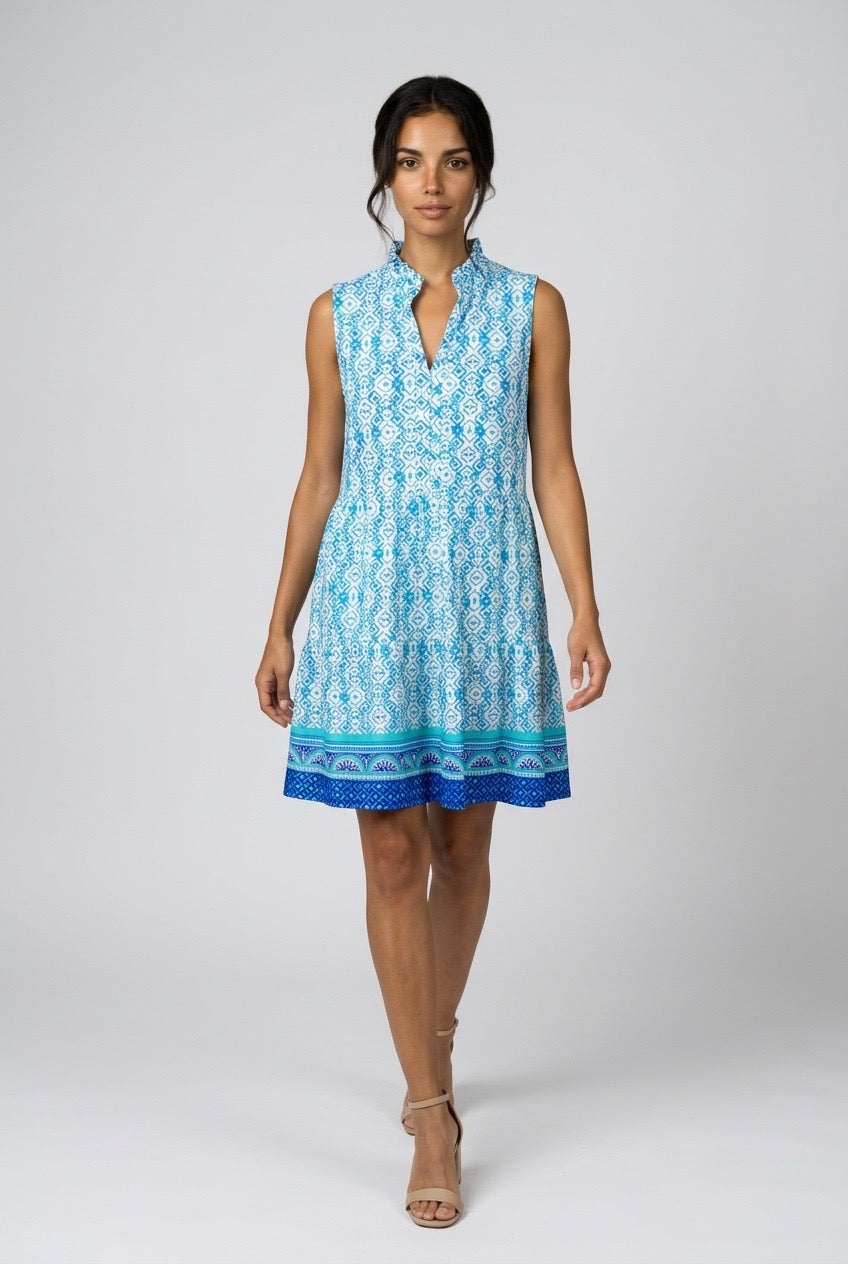 Blue & White Sleeveless V-neck Dress UPF50+