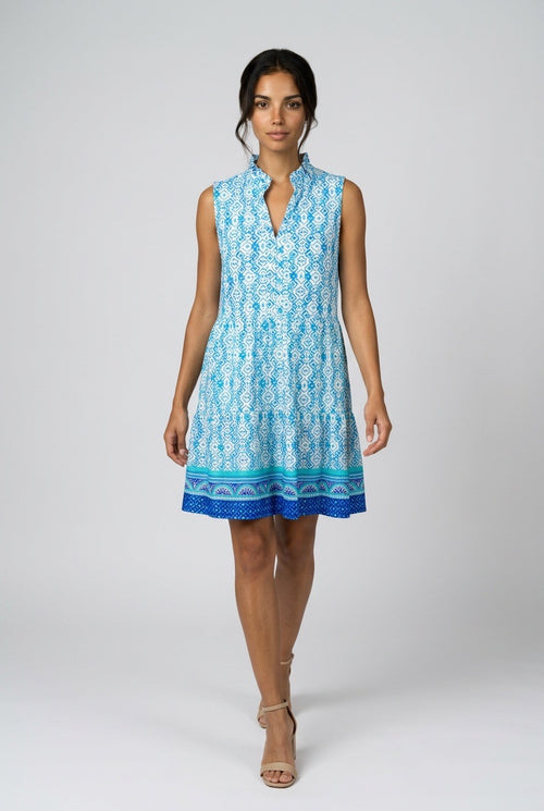 Blue & White Sleeveless V-neck Dress UPF50+