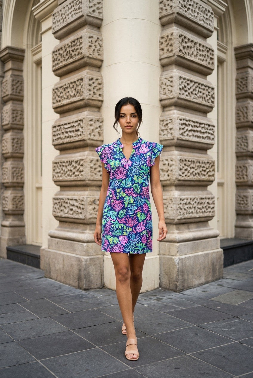 Navy & Pink  V-neck Dress UPF50+