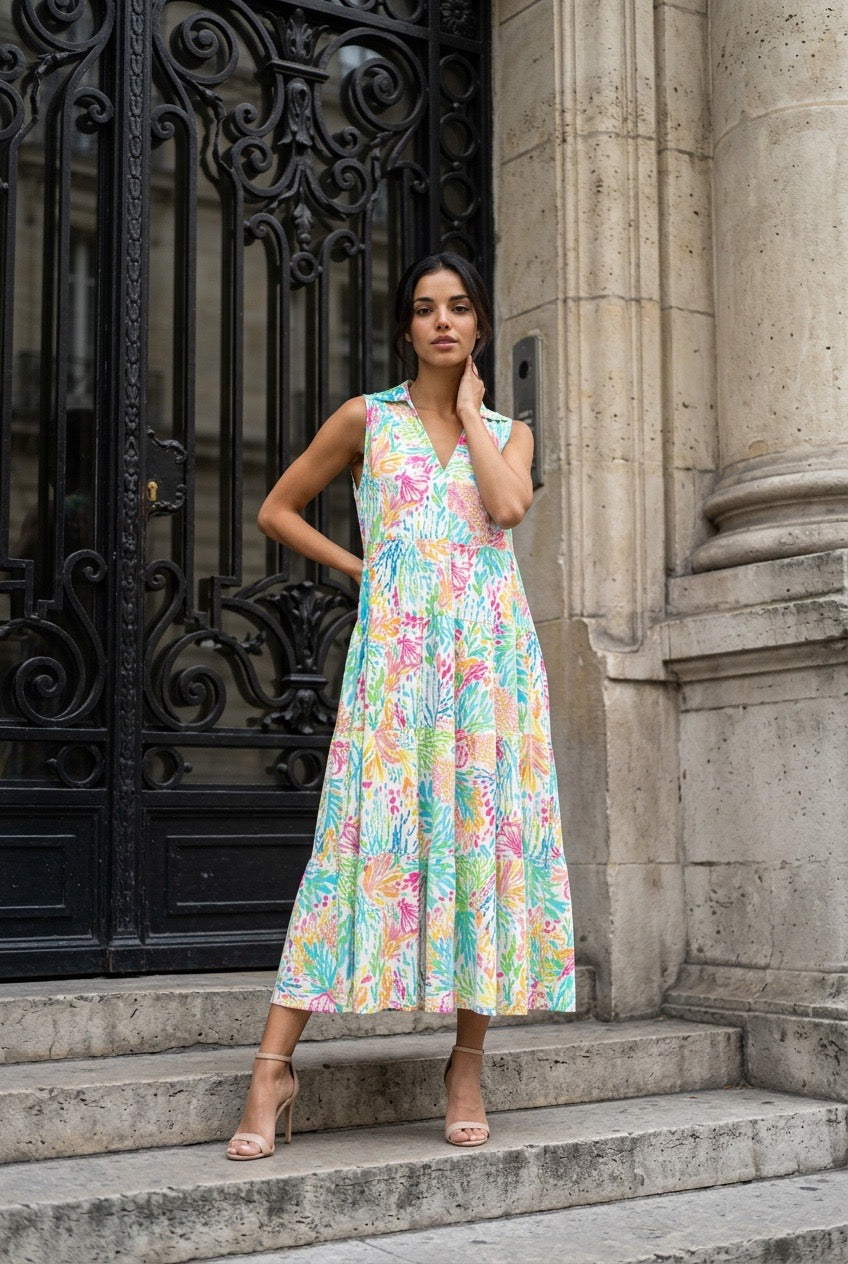 Long Ocean Sleeveless V-neck Dress with Pockets UPF50+