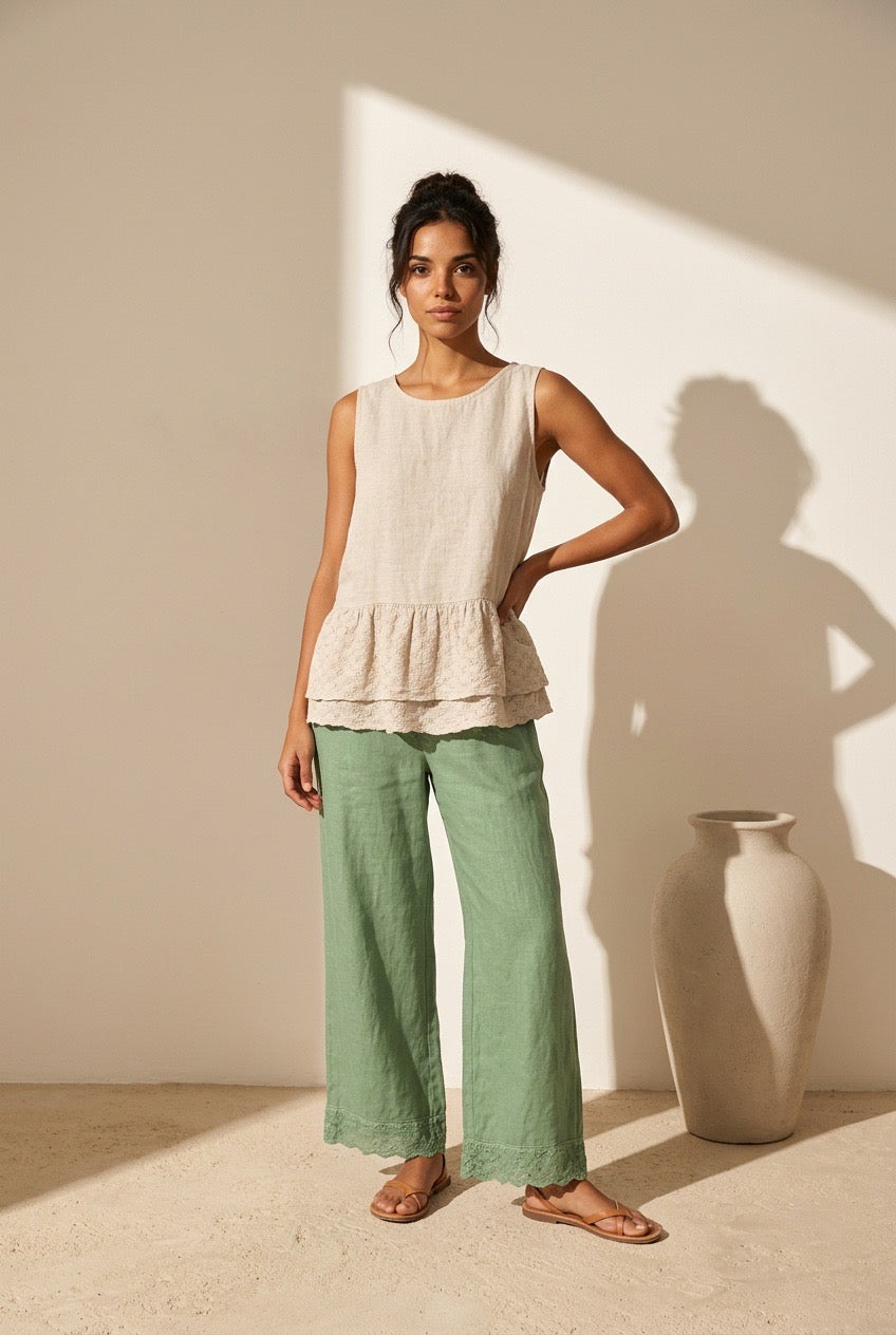 Linen Embroidery Beige Tank Top