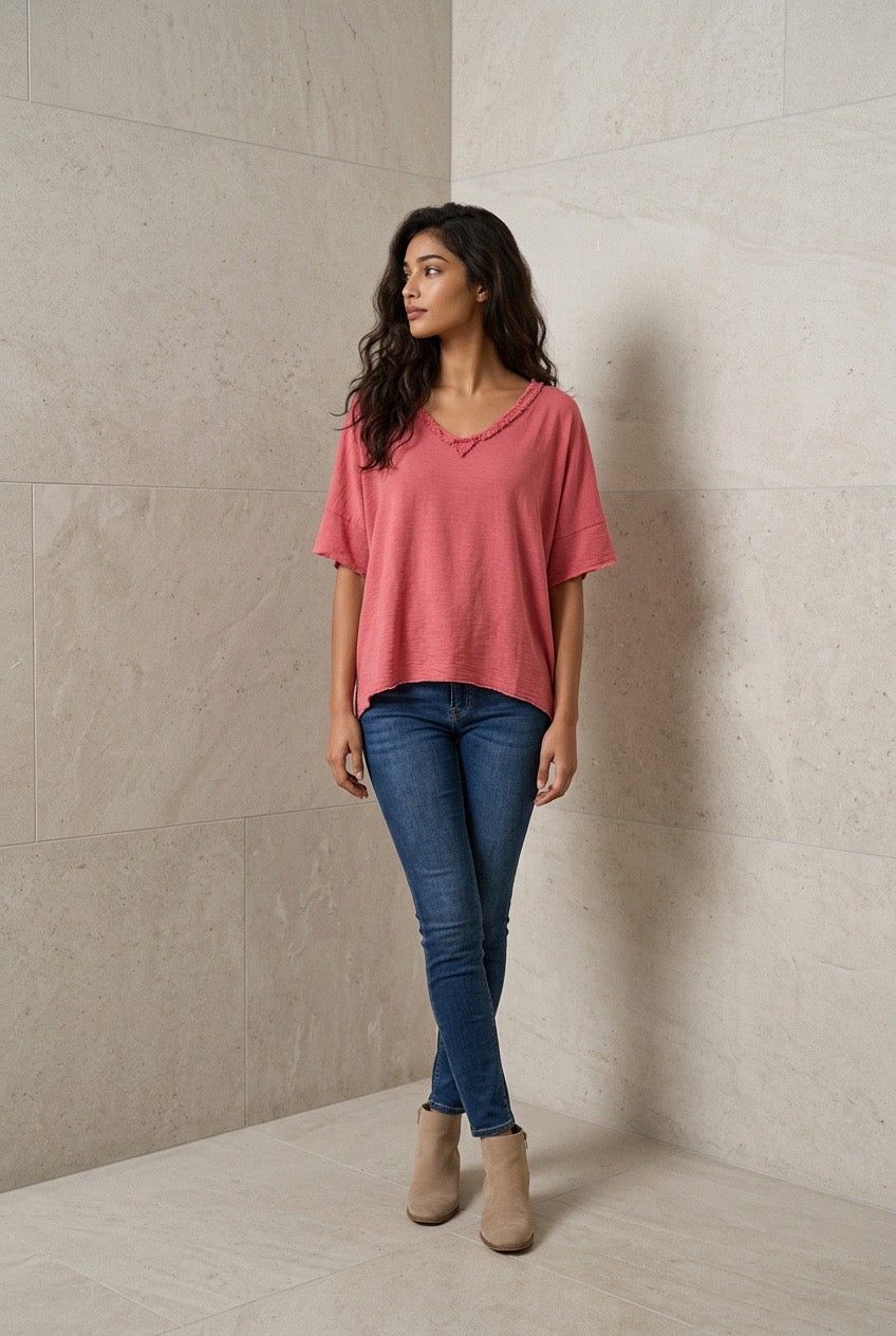 Plus Size Fringe V-neck Cotton Top