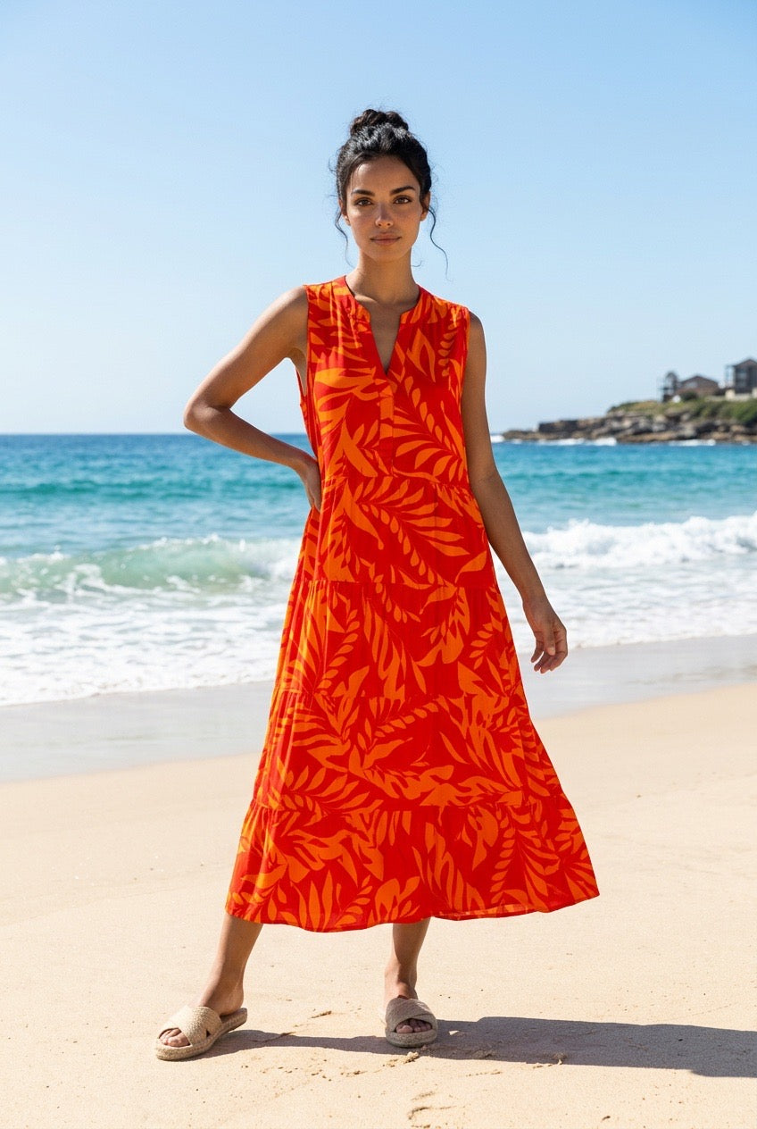 Red and Orange Sleeveless Dress