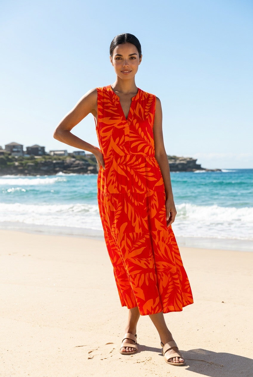 Red and Orange Sleeveless Dress