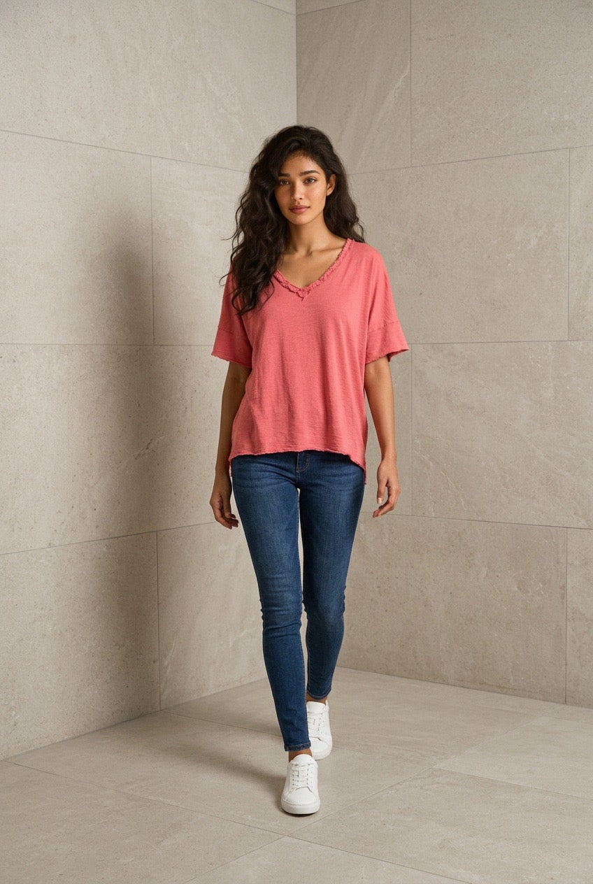 Plus Size Fringe V-neck Cotton Top