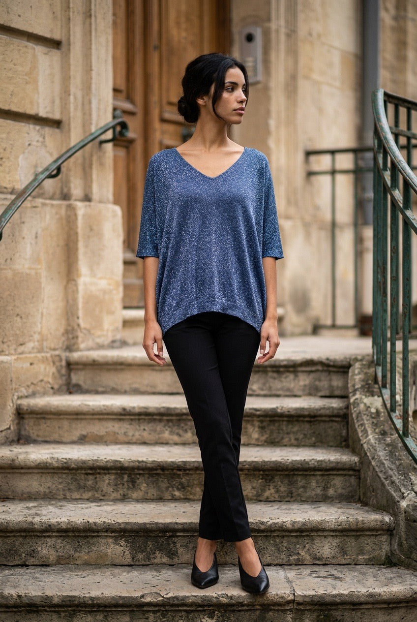 Italy Still Blue & Silver Sparkle Top
